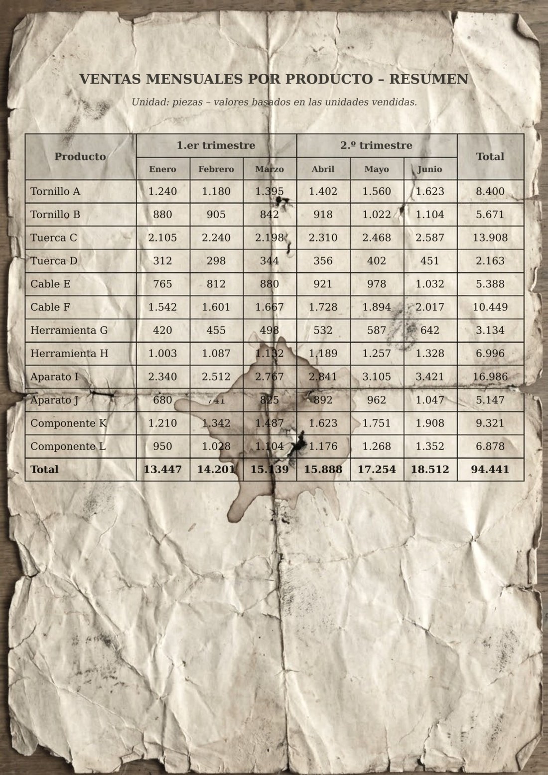 Foto de una tabla impresa en papel arrugado y manchado: ventas mensuales por producto
