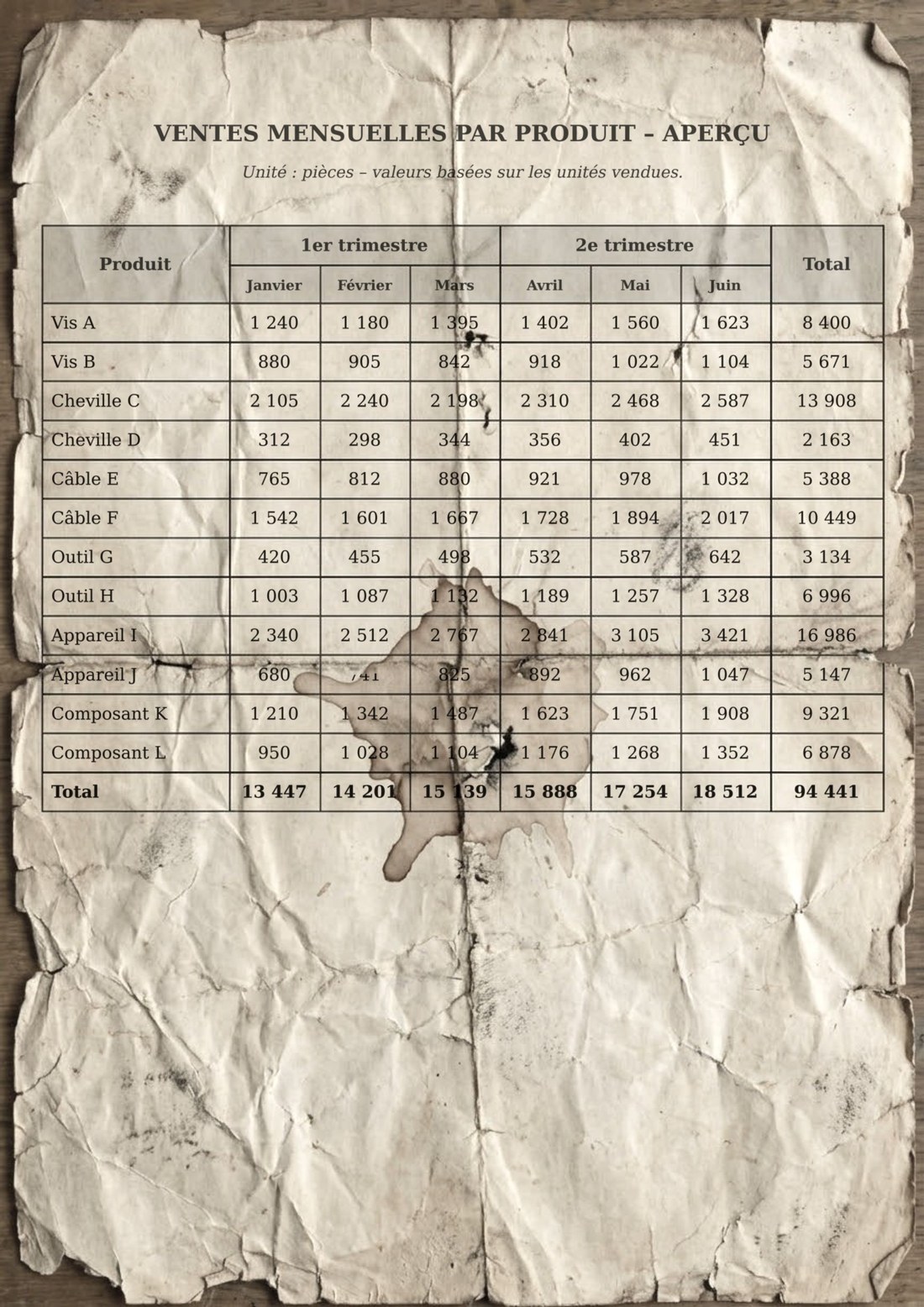 Photo d’un tableau imprimé sur du papier froissé et taché : ventes mensuelles par produit